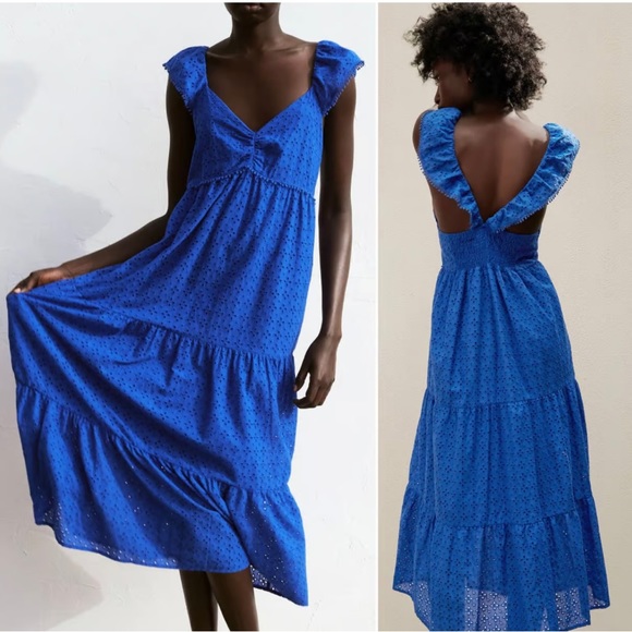 Zara Dresses & Skirts - Zara Blue Eyelet Summer Midi Dress - XS